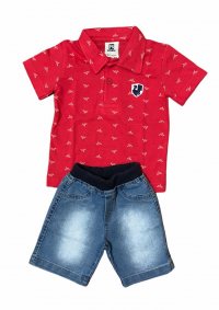 CONJUNTO CAMISETA POLO BERMUDA JEANS PS MENINO - REF:9605