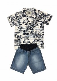 CONJUNTO CAMISETA POLO BERMUDA JEANS PS MENINO - REF:9608